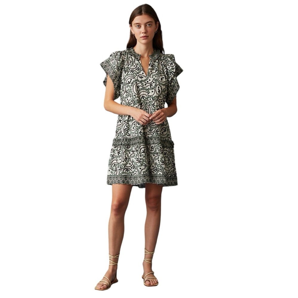 Marie Oliver Julia Sage Embroidered Voile Cotton Ruffle Dress